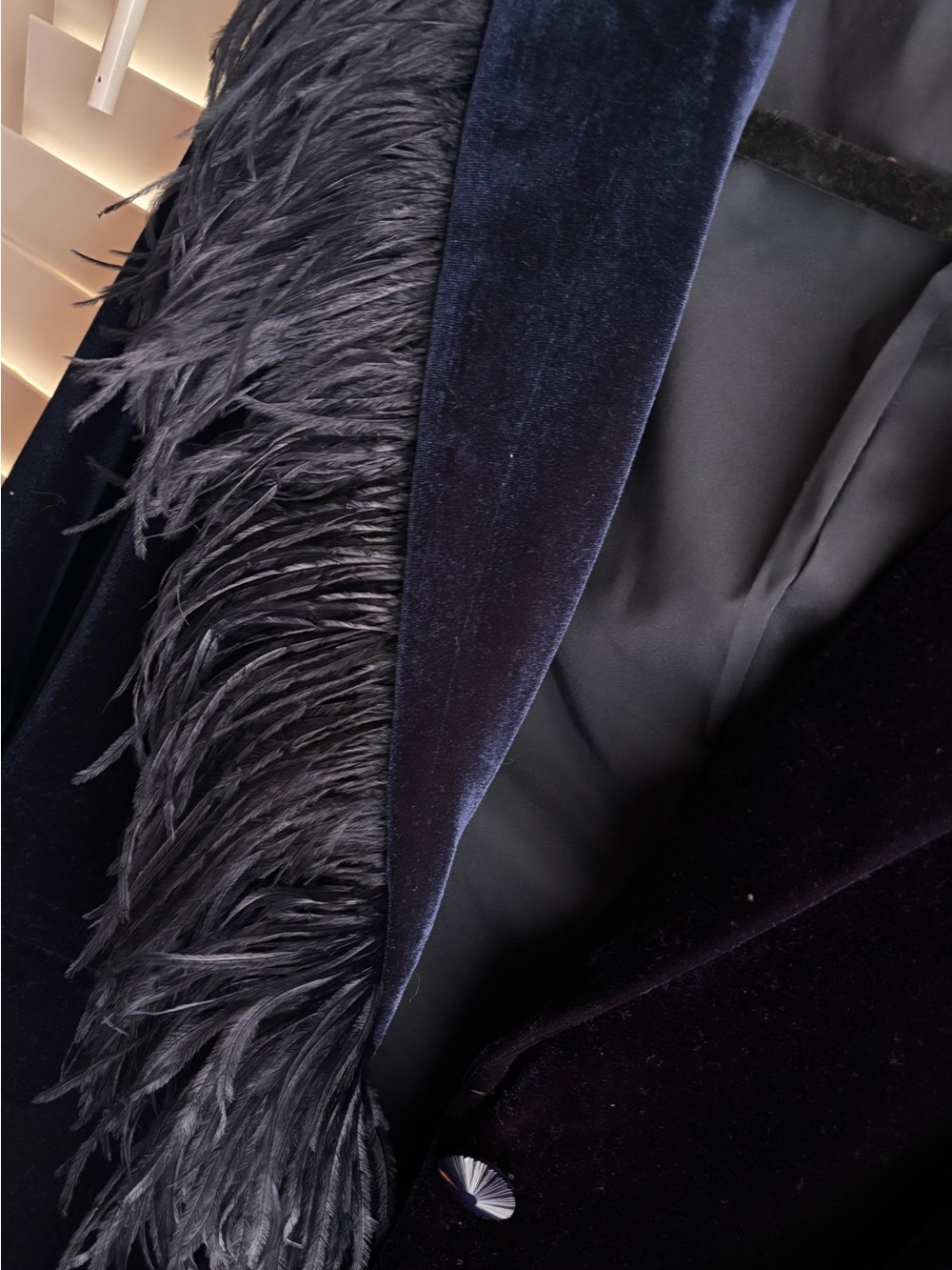 Rickie Freeman for Teri Jon Navy Velvet Blazer with Black Ostrich Feather Trim - Picture 8 of 11